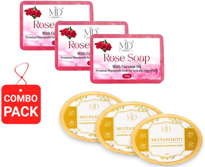 MD COSMETIC Pure Handmade Assorted Bath Soap Rose & Multani Mitti Combo Of Fresh Bathing Bar(6 x 100 g)