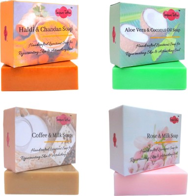 Soapure Tattva Handmade Herbal Soaps for Natural Skin Care Combo Pack - Haldi & Chandan, Aloe Vera & Coconut Oil, Coffee & Milk and Rose & Milk Soap (Pack of 4)(4 x 125 g)