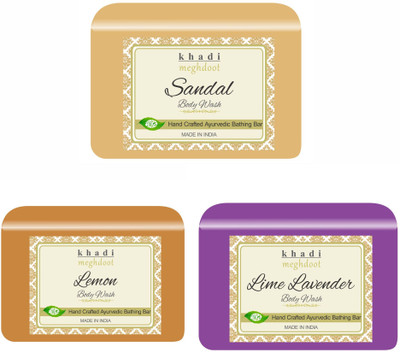KHADI MEGHDOOT Sandal, Lemon and Lime Lavender Organic Homemade Body Wash/ Refreshing Soap(3 x 125 g)
