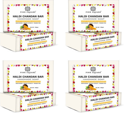 Pink Square Handmade Haldi Chandan Bathing Soap Moistures & Glowing Skin Pack of 4 of 100gms(4 x 100 g)