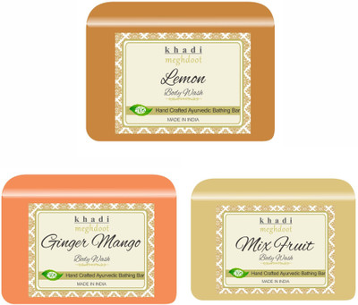 KHADI MEGHDOOT Lemon, Ginger Mango and Almond Organic Handmade Body Wash/Soap(3 x 125 g)