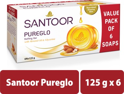 Santoor by Wipro PureGlo Glycerine Bathing Bar Soap with Almond Oil for Nourished & Glowing Skin(6 x 125 g)