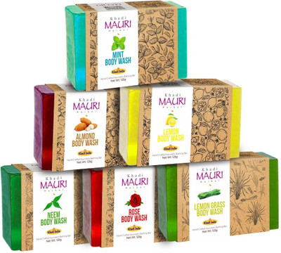 Khadi Mauri Herbal Assorted Ayurvedic Soaps Combo for glowing skin - Herbal & Handmade - Exotic Handcrafted Natural Soaps - Pack of 6 - 125 g Each(6 x 125 g)