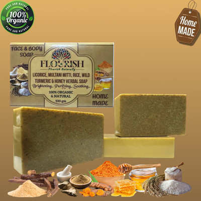 FLOURISH HERBS Licorice Multani Mitti Rice Wild Turmeric Honey Herbal Face & Body Soap 100GMx3.(3 x 100 g)