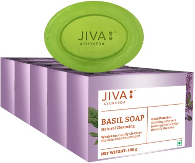 JIVA AYURVEDA Basil Bathing Soap - Controls Acne - 100 g Each - Pack of 5(5 x 100 g)