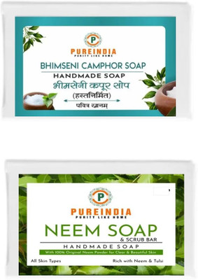 pureindia Set of 4 Handmade Bhimseni Camphor soap pack of -2 & Fresh Neem Soap Pack Of-2(4 x 100 g)