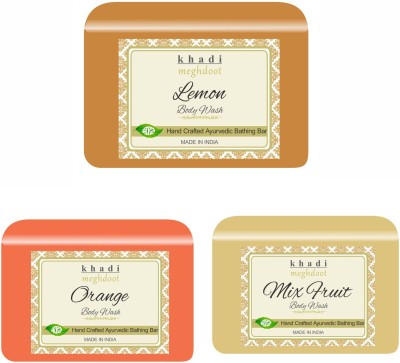 KHADI MEGHDOOT Lemon, Orange and Mix Fruit Organic Homemade Body Wash/ Refreshing Soap(3 x 125 g)