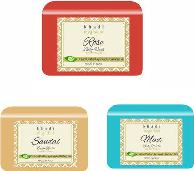 KHADI MEGHDOOT Rose, Sandal and Mint Organic Handmade Body Wash/Soap(3 x 125 g)