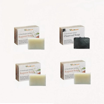 HERBASSURE Herbal Soap Set 3, Kapoor and 1 Charcoal Variants, 4 Pieces(4 x 100 g)