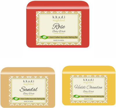 KHADI MEGHDOOT Rose, Sandal and Haldi Chandan Organic Handmade Body Wash/Soap(3 x 125 g)
