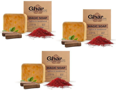 GharSoaps Magic Soap Sandal Wood And Saffron for DeTan and Glowing Brightening Skin(3 x 100 g)