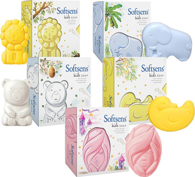 Softsens Assorted Pack Kids Soaps | Gentle and nourishing with shea butter and milk cream(5 x 75 g)