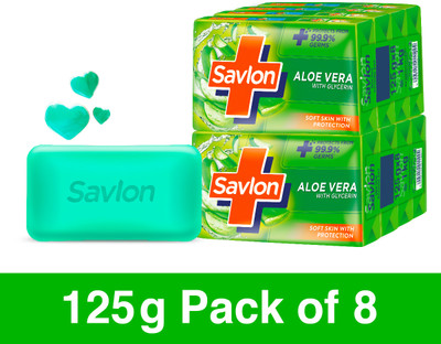 Savlon Aloe Vera with Glycerin Soap Bar, Combo Pack, 125gx8, For Women & Men,(8 x 125 g)