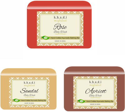 KHADI MEGHDOOT Rose, Sandal and Apricot Organic Handmade Body Wash/Soap(3 x 125 g)