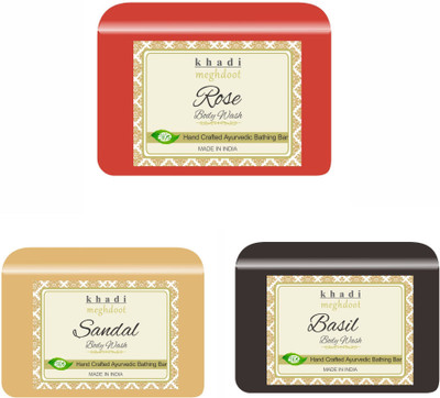 KHADI MEGHDOOT Rose, Sandal and Basil Organic Handmade Body Wash/Soap(3 x 125 g)