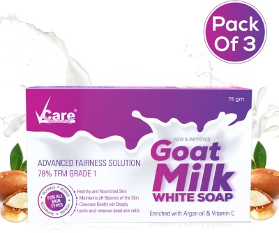 Vcare Goat Milk White Soap for Women & Men 75gm (Pack Of 3) Bathing Soap Bar(3 x 75 g)