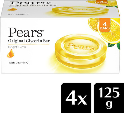 Pears Original Glycerin Soap Bar - Bright Glow | With 98% Pure Glycerin & Vitamin C(4 x 125 g)