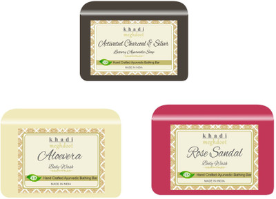 KHADI MEGHDOOT Activated Charcoal,Rose Sandal and Aloevera Fragrance Pure/Natural Body Wash(3 x 125 g)