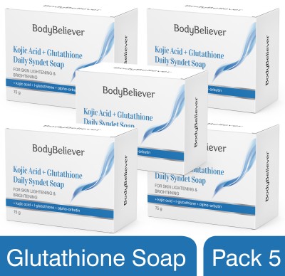 BodyBeliever Skin Lightening Soap with Kojic Acid, L-glutathione & Arbutin Daily Syndet Soap(5 x 75 g)