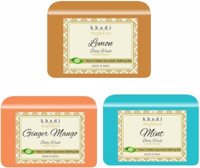 KHADI MEGHDOOT Lemon, Ginger Mango and Saffron Organic Handmade Body Wash/Soap(3 x 125 g)