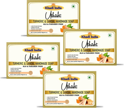 Utkrisht Khadi Pure Handmade Turmeric Sandal Bathing Soap - Nourishing for Acne(4 x 125 g)