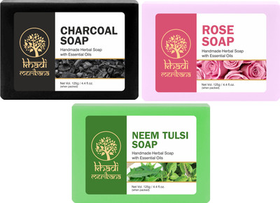 MeriBana Khadi Charcoal, Rose & Neem Tulsi Soap Organic Handmade Anti Ageing Skin(3 x 125 g)