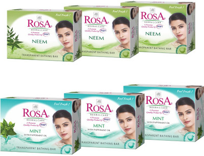 ROSA Transparent Mint & Neem Gel Soap I Glycerin Bathing Bar I Pack 6-(6 x 100 g)