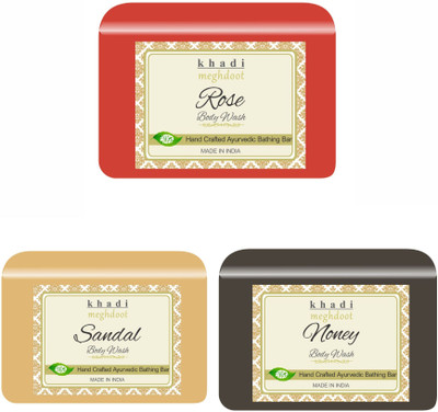 KHADI MEGHDOOT Rose, Sandal and Honey Organic Handmade Body Wash/Soap(3 x 125 g)