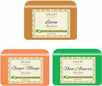 KHADI MEGHDOOT Lemon, Ginger Mango and Neem Tulsi Organic Handmade Body Wash/Soap(3 x 125 g)