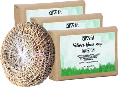 ATVI.FIT Khus Vetiver roots soap With Loofah for Pimple Free Skin, clear skin (PACK OF 3)(3 x 100 g)