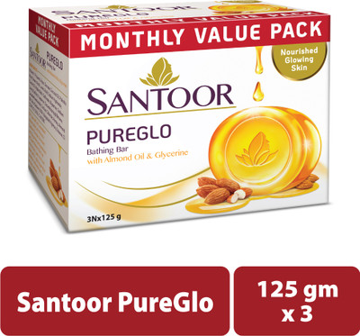 Santoor PureGlo Glycerine Bathing Bar Soap with Almond Oil for Nourished & Glowing Skin(3 x 125 g)