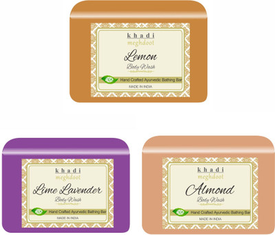 KHADI MEGHDOOT Lemon,Lime Lavander and Almond Organic Handmade Body Wash/Soap(3 x 125 g)