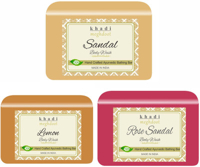 KHADI MEGHDOOT Sandal, Lemon and Rose Sandal Organic Homemade Body Wash/ Refreshing Soap(3 x 125 g)