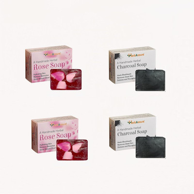 HERBASSURE Handmade Rose and Charcoal Soap (4 Pieces)(4 x 100 g)