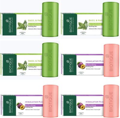 BIOTIQUE Bathing Bar 150g - Basil & Parsley Qty-3 & Himalayan Plum Qty-3(6 x 150 g)