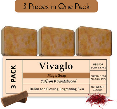 VIVAGLO Magic Soap Sandal Wood And Saffron for DeTan and Glowing Brightening Skin(3 x 100 g)
