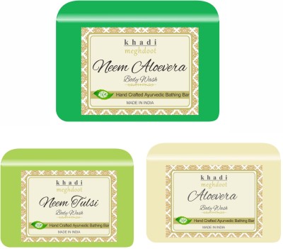 KHADI MEGHDOOT Neem Aloevera, Neem Tulsi and Aloevera Organic Handmade Body Wash/Soap(3 x 125 g)