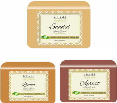 KHADI MEGHDOOT Sandal, Lemon and Apricot Organic Homemade Body Wash/ Refreshing Soap(3 x 125 g)