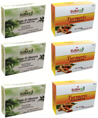 Subaxo Herbal Neem Aloevera Soap 3 Pc & Turmeric Soap 3 Pc Each 75 G(6 x 75 g)