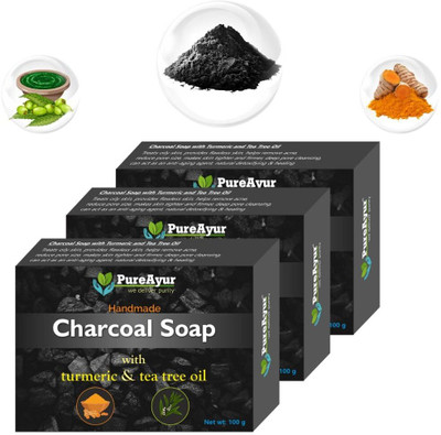 pureayur Handmade Organic Activated Charcoal Soap with Turmeric & Tea Tree Oil Set of 3(3 x 100 g)