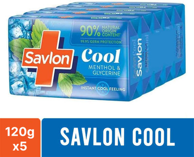 Savlon Menthol & Glycerin Cool Bathing Bar Soap, All Skin Types, 99.99% Germ Protection(5 x 120 g)