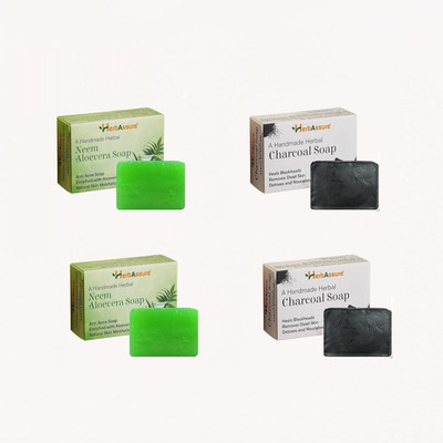 HERBASSURE Handmade Neem Aloevera and Charcoal Soap(4 Pieces)(4 x 100 g)
