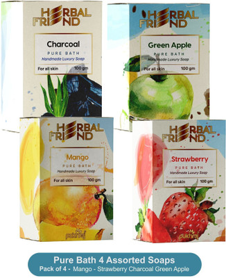 Herbal Friend Ultimate Charcoal, Strawberry, Mango & Green Apple soap combo to clean your skin(4 x 100 g)