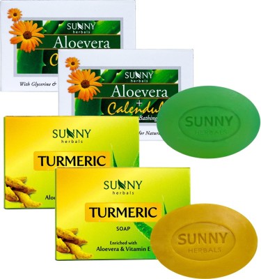 Sunny Herbals Aloevera & Calendula Bathing Bar-(75gmx2 pcs) and Turmeric Soap-(75gmx2 pcs)(4 x 75 g)