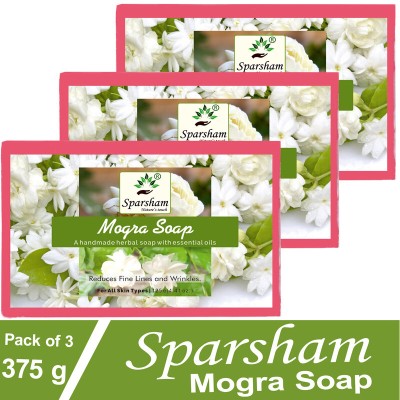 SPARSHAM Natural Mogra Jasmin Herbal Soap Dry, Damaged, Flaky Skin Vegan Handmade(3 x 125 g)