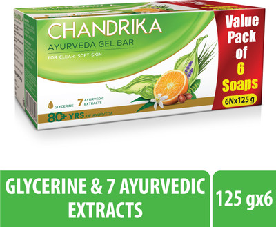 Chandrika by Wipro With Glycerine Ayurveda Gel Bathing Bar Soap,| Jojoba Oil for Moisturized Skin(6 x 125 g)