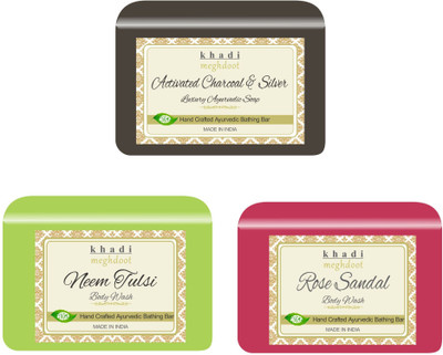 KHADI MEGHDOOT Activated Charcoal,Rose Sandal and Neem Tulsi Fragrance Pure/Natural Body Wash(3 x 125 g)