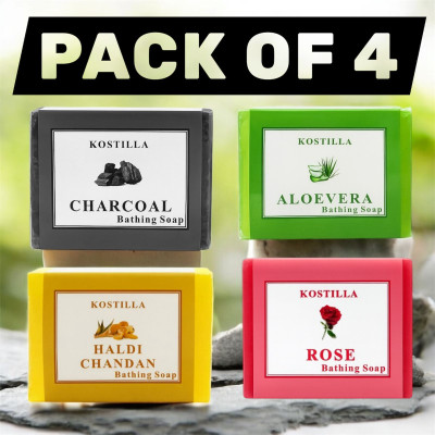 kostilla Bathing Soap Combo – Charcoal + Haldi Chandan + Aloevera + Rose(4 x 100 g)