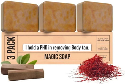 Fezora Magic Soap Sandal Wood And Saffron for DeTan and Glowing Brightening Skin safe(3 x 99.67 g)