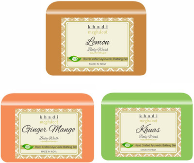 KHADI MEGHDOOT Lemon, Ginger Mango and Papaya Organic Handmade Body Wash/Soap(3 x 125 g)